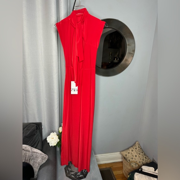 NWT Zara Woman Red Fluid Back Knot Dress Size L Large - Picture 9 of 10